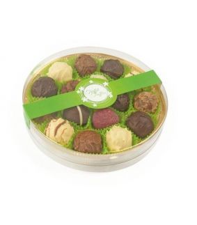 Cutie rotunda transparenta cu asortiment de bomboane din ciocolata