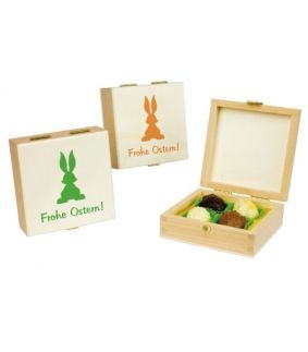 Cutie din lemn cu imagine iepuras portocaliu sau verde